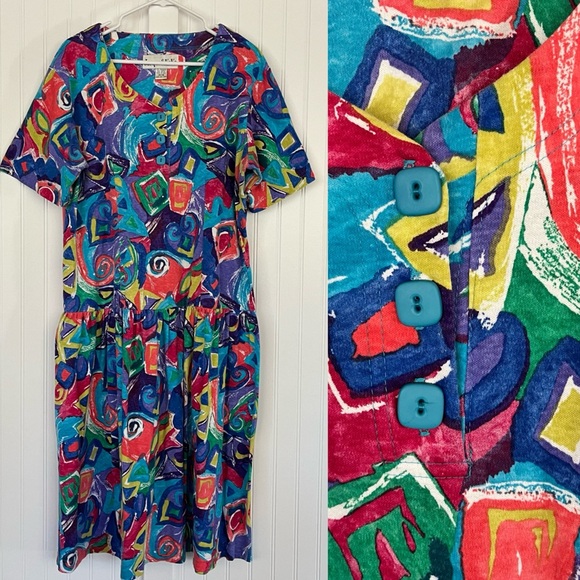 Vintage Dresses & Skirts - Vintage Colorful Maxi Dress Casual Wild Crazy Pattern Unique Artsy Abstract 14